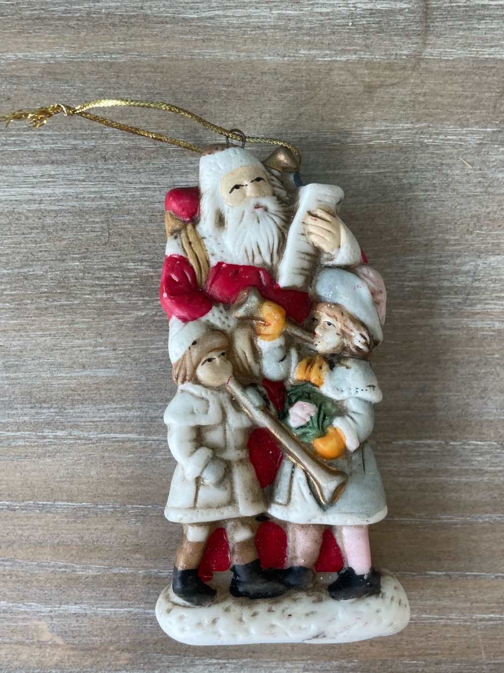 Vintage Santa Carry Sack Toys Girls Horns Thin Ceramic Christmas Tree Ornament